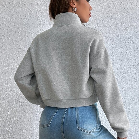 Grey Casual Womens Solid Zip Up Drop Shoulder Sweatshirt - Picture 2 of 5